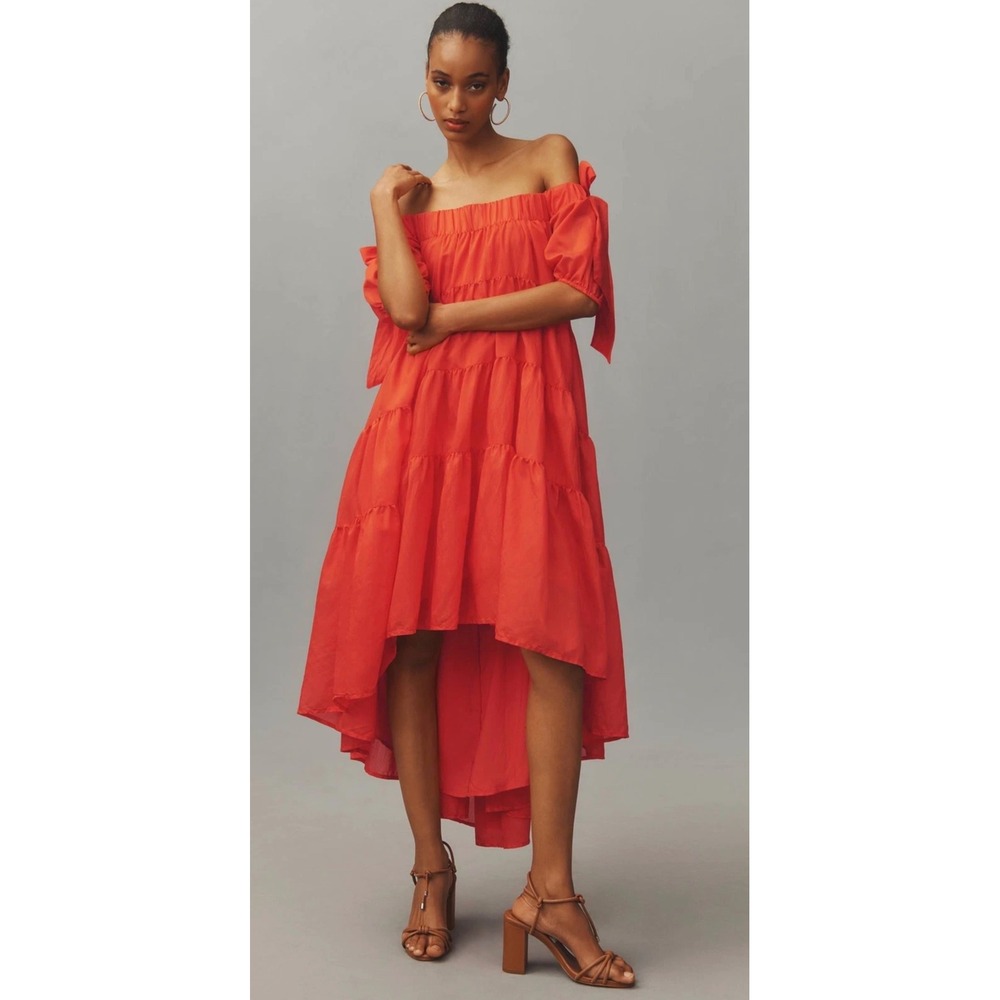 Anthropologie Orange Off The Shoulder Tiered High‎ Low Maxi Dress Bow Detail